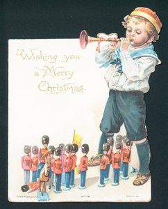 Junge spielt mit Zinnsoldaten und bläst Trompete, Weihnachtskarte von English School