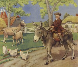 Junge reitet auf einem Esel in der englischen Landschaft von English School