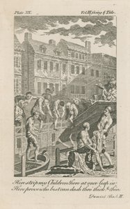 Jungen baden im Fleet Ditch bei der Bridewell Bridge im Jahr 1728