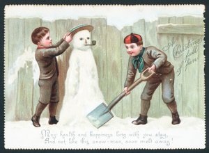Jungen bauen Schneemann, Weihnachtskarte von English School