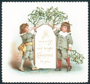 Jungen hängen Mistelzweig auf, Weihnachtskarte von English School