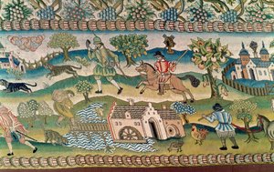 Bradford Tischteppich, Detail von Szenen des Landlebens, spätes 16. Jahrhundert von English School