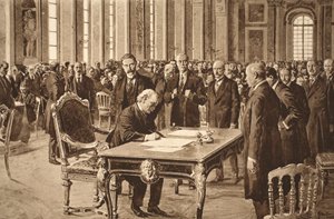 Der britische Premierminister unterzeichnet den Friedensvertrag mit Deutschland im Spiegelsaal von Versailles, 28. Juni 1919 von English School