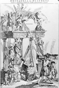 Britannia in Not unter einem wackeligen Gebäude mit einer schweren Last, um 1756