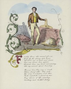 Britische Valentinskarte mit einem Bild eines Mannes, der eine Mauer baut von English School