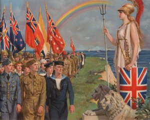 Britische und Empire-Militärangehörige und Zivilisten, die an der Kriegsanstrengung beteiligt sind, paradieren vor Britannia von English School