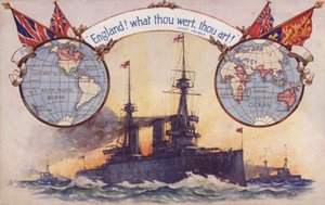 Britisches Schlachtschiff mit Karten und Flaggen des Britischen Empire