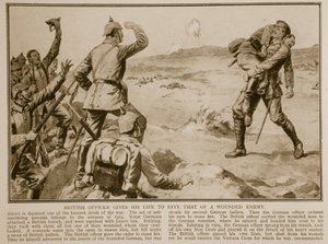 Britischer Offizier opfert sein Leben, um das eines verwundeten Feindes zu retten, 1914-19 von English School