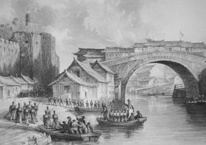 Britische Truppen landen am Westtor von Ching Keang während der Opiumkriege, Illustration nach einer Augenzeugenskizze von Captain Stoddard von English School