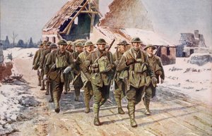 Britische Truppen marschieren unter Winterbedingungen, 1914-19 von English School