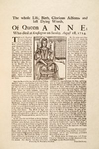 Flugblatt veröffentlicht zum Tod von Königin Anne, am Sonntag, den 1. August 1714 von English School