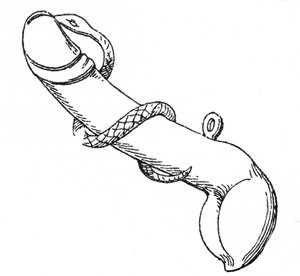 Bronzeamulett, das einen von einer Schlange umgebenen Phallus darstellt von English School