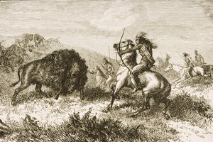 Büffeljagd auf den Great Plains zwischen St. Louis und Denver, ca. 1870, aus 