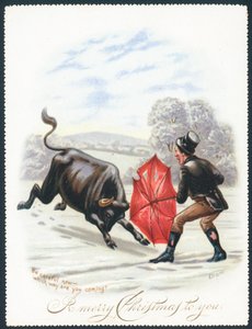 Stier stürmt auf roten Regenschirm, Weihnachtskarte von English School