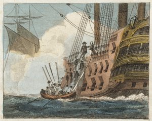Buonaparte ergibt sich den Engländern (farbige Gravur) von English School