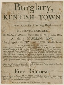 Einbruch in Kentish Town im Jahr 1798. Belohnung von £5 von English School
