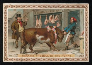 Metzger zieht einen Stier in seinen Laden, Weihnachtsgrußkarte