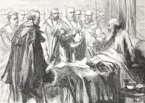 Calvin spricht den Rat zum letzten Mal an, Illustration aus Die Geschichte des Protestantismus von James Aitken Wylie, veröffentlicht 1878