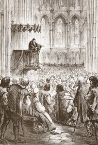 Calvin predigt seine Abschiedspredigt in Erwartung der Verbannung, Illustration aus Die Geschichte des Protestantismus von James Aitken Wylie, veröffentlicht 1878