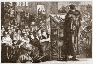 Calvin wird in der Kirche von Rive bedroht, Illustration aus Die Geschichte des Protestantismus von James Aitken Wylie, veröffentlicht 1878