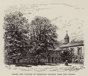 Cambridge: Kapelle und Kreuzgang des Emmanuel College, vom Garten aus (Radierung) von English School