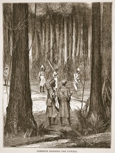 Cameron überquert den Luwati, Illustration aus der Bildausgabe des Lebens und der Entdeckungen von David Livingstone von J. Ewing Richie, veröffentlicht von A. Fullarton & Co., 1876 von English School