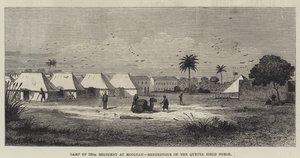 Lager des 59. Regiments in Mooltan, Treffpunkt der Quetta-Feldtruppe (Gravur) von English School