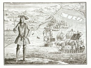Kapitän Bartholomew Roberts (1682-1722) mit zwei Schiffen, der Royal Fortune und Ranger, segelt in Whydah Road an der Küste von Guinea, 11. Januar 172? aus Eine allgemeine Geschichte der Raubüberfälle und Mu