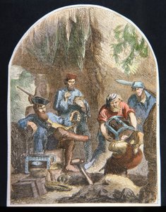 Kapitän William Kidd versteckt einen Schatz in einer Höhle (Farblithografie) von English School