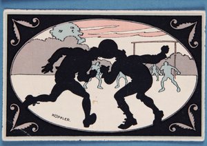 Karte mit Silhouette von zwei Spielern, die einen Ball köpfen von English School