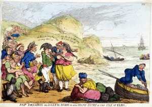 Karikatur über die Ankunft von Napoleon Bonaparte auf der Insel Elba