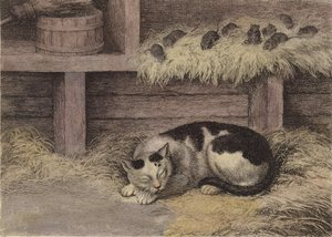 Katze und Mäuse in einer Scheune (getönter Stich)