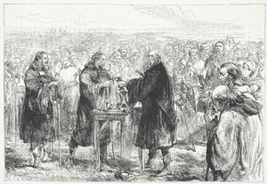 Feier der Eucharistie durch die Hussiten auf einem Feld bei Prag, Illustration aus Die Geschichte des Protestantismus von James Aitken Wylie, veröffentlicht 1878