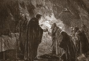 Feier des Abendmahls durch Calvin und seine Mitprotestanten in der Grotte von Poictiers, Illustration aus Die Geschichte des Protestantismus von James Aitken Wylie, veröffentlicht 1878 von English School