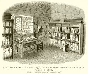 Gekettete Bibliothek, gegründet 1598, im Raum über der Vorhalle der Grantham Parish Church von English School