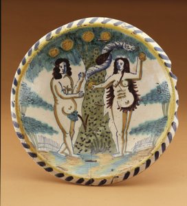 Ladeplatte mit der biblischen Geschichte von Adam und Eva im Garten Eden, ca. 1680 von English School