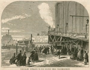 Charing Cross Station, London: Der provisorische Eingang zum Bahnhof von der Villiers Street von English School