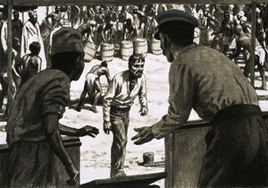 Charles Osborne und Captain Stott legten Fässer Rum am Strand aus