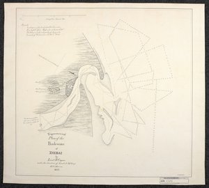 Karte von Dubai im Jahr 1822 von Marinevermessern der Englischen Ostindien-Kompanie, betitelt Trigonometrischer Plan des Hinterwassers von Debai von Leutnant R. Cogan unter der Leitung von Leutnant J. M. Guy, H. C. Marine von English School