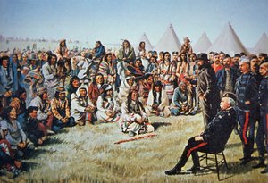 Häuptling Poundmaker ergibt sich General Middleton während der Nordwest-Rebellion von 1885 von English School