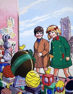 Kinder bewundern eine Osterausstellung