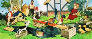 Kinder und Enten beim Spielen
