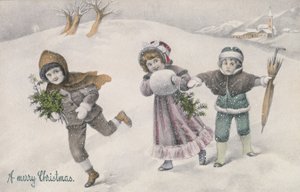 Kinder im Schnee, viktorianische Postkarte von English School