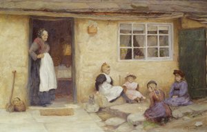 Kinder spielen Würfel vor einem Cottage von English School