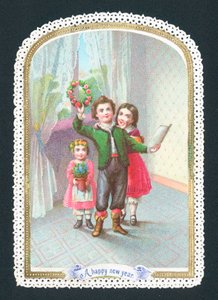 Kinder mit Kranz und Blumen, Neujahrskarte von English School