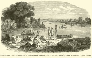 Chippeway-Indianer beim Fischen in Birkenrinden-Kanus, Sault de St Marys, Oberer See von English School