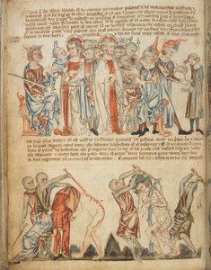 Christus vor Herodes und vor Pilatus; Herodes wäscht seine Hände; die Geißelung Christi, Add. 47682, f.30v, ca. 1320-30 von English School