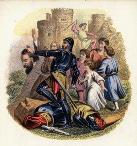 Christiana und die Pilger beobachten, wie Greatheart den Riesen Verzweiflung erschlägt, eine Illustration aus John Bunyans Der Pilgerweg von English School