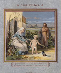 Weihnachtskarte: Jesus spielt mit einer Taube, beobachtet von seinen Eltern von English School