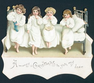 Weihnachtskarte, Kinder im Bett mit ihren Strümpfen von English School